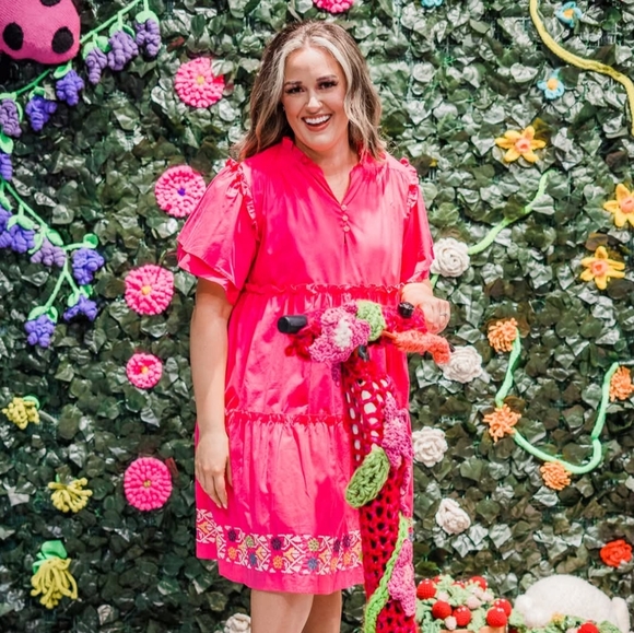 NWT Layerz Clothing Emily Hot Pink Embroidered Ruffle Tiered Dress Size XL - Picture 1 of 5